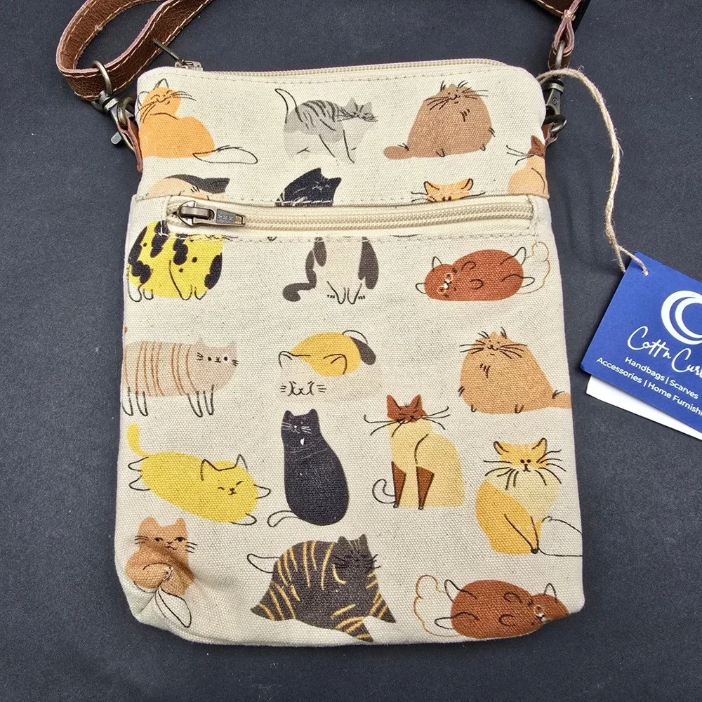 Cottn Curls Cats Slim Sling Canvas Crossbody Bag Cream Brown 638469 NWT